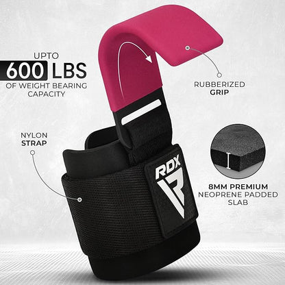 RDX Weight Lifting Hooks for Deadlifting (Pair) - 600Lbs Capacity - 8MM Neoprene Wrist Support Wraps - Grip Enhancer for Pull Ups Lat Pulldowns Rows - Adjustable Gym Workout Power Straps for Men Women