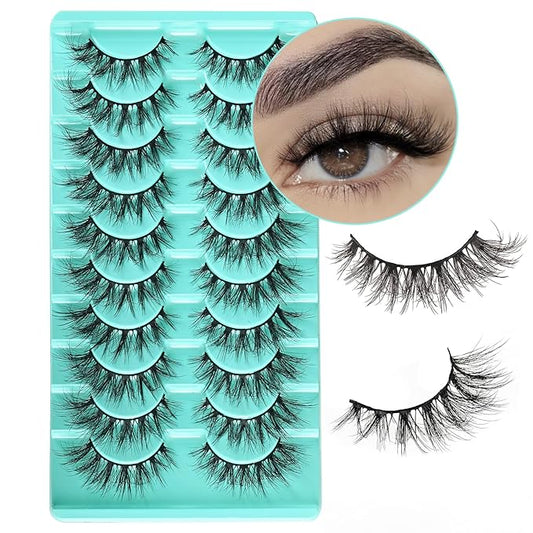 Wispy Lashes Natural Eyelashes Mink Lash Strips Natural Look Demi Wispies False Strip Lashes Pack 10 Pairs Short Fluffy Eyelash Set for Almond and Hooded Eyes
