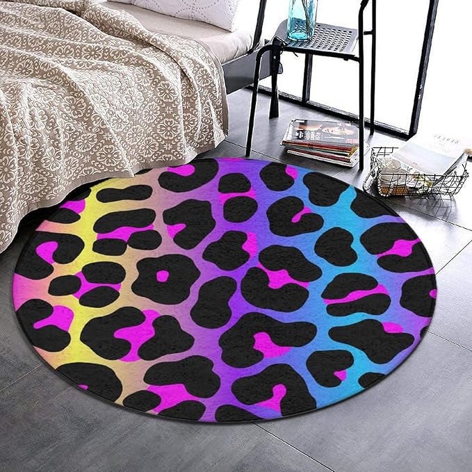 Soft Round Yoga Carpet, Large Home Decor Mat, Non-Slip Machine Washable Kitchen Office Circle Rug Compatible with Cheetah Skin Rainbow Leopard Print