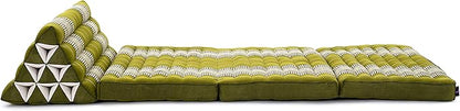Leewadee Comfortable Japanese Floor Mattress - Thai Floor Bed with Triangle Cushion - Futon Mattress - XL Extra Wide Thai Massage Mat, 67 x 31 inches, Green, Kapok Filling