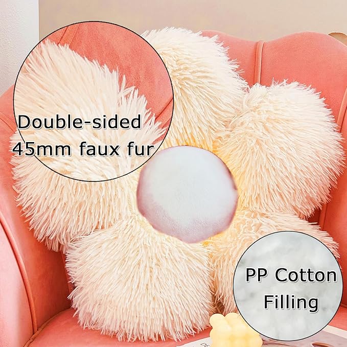MorroMorn Flower Pillow Shaped Throw Pillows, 20" Floor Pillow Butt Cushion - Fluffy Shaggy Daisy Floral Decorative Pillows for Bed Couch Sofa Chair Cute Plush Faux Fur Room Decor (Khaki)