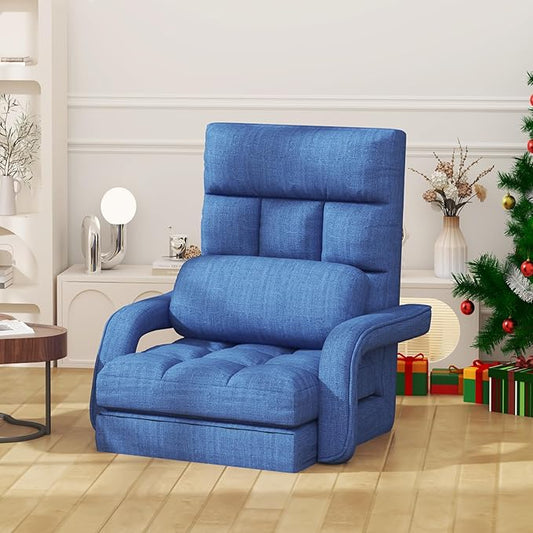 Floor Gaming Chair, 6 Adjustable Position Comfy Chair with Back Support, Ergonomic Chaise Lounge Chair, Meditation Chair with Armrest for Living Room, Bedroom, Blue