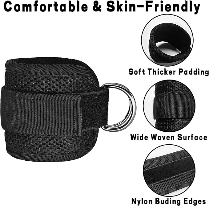Fitness Ankle Straps for Cable Machines, 2 Pack Comfortable Adjustable Padded Ankle Wrist Cuffs, Kickback Glute Workouts for Men Women, D-Ring Leg Straps with Neoprene Padding