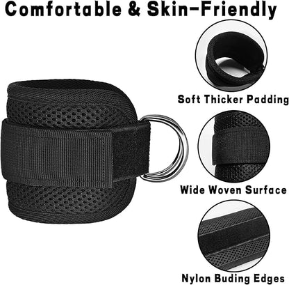 Fitness Ankle Straps for Cable Machines, 2 Pack Comfortable Adjustable Padded Ankle Wrist Cuffs, Kickback Glute Workouts for Men Women, D-Ring Leg Straps with Neoprene Padding