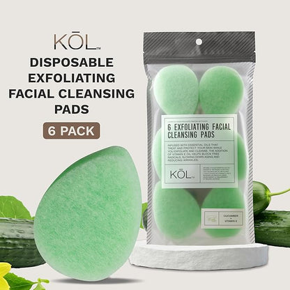 KOL Face Scrubber, Cucumber Infused Exfoliating Facial Cleansing Pads, Disposable Exfoliator Face Sponge for Daily Cleaning and Makeup Removal, 6 Count