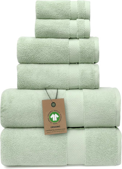 100% Organic Zero-Twist Cotton Towels - GOTS Certified Luxury Bath Towels - Ultra Soft & Plush 700GSM Long-Staple Cotton - 6 Piece Towel Set (Eucalyptus Green)