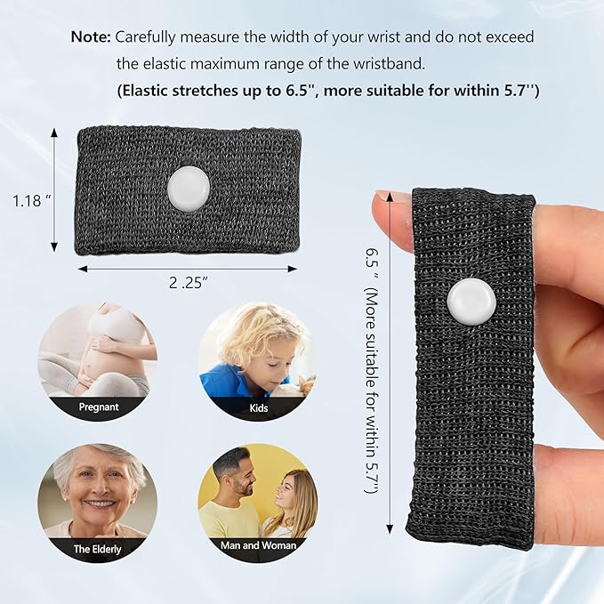 Motion Sickness Wristband, Anti-Nausea Acupressure Wrist Band for Nausea Relief, Dizziness and Vomiting from Car Sea Boat Flying Travel Sickness for Adults and Kids (Black, Large, 2 Pairs)