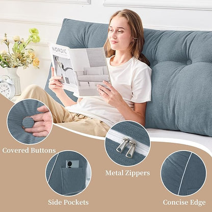 Sasttie Headboard Pillow Full, Wedge Pillow Headboard for Sitting Up in Bed, Back-Rest Support Triangular Cushion for Reading - Features Removable Washable Cover, Greyish Blue