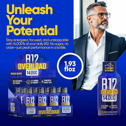 B12 Overload Extra Strength Energy Shot – Mixed Berry – 260mg Caffeine, 14000% B12, Electrolytes – Energy & Vitality Support – Zero Sugar No Calories – Vegan, Kosher, Gluten-Free – 1.93 fl oz, 10-Pack