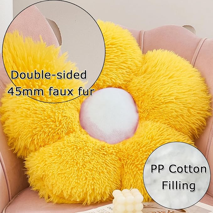 MorroMorn Flower Pillow Shaped Throw Pillows, 20" Floor Pillow Butt Cushion - Fluffy Shaggy Daisy Floral Decorative Pillows for Bed Couch Sofa Chair Cute Plush Faux Fur Room Decor (Yellow)