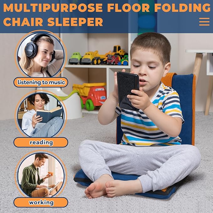 2 Pcs Floor Chair with Back Support Padded Floor Seating Portable Floor Seat Meditation Cushion Adjustable Fully Folding Backrest for Adult Kid Gaming Linen Washable Cover, Nylon Bottom (Blue, Khaki)