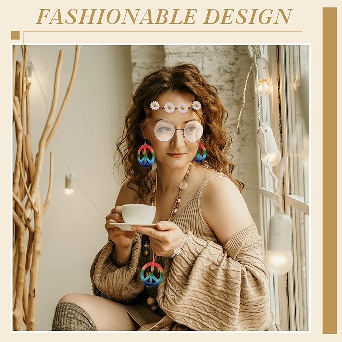 Batiyeer 6 Pcs Hippie Costume Accessories Set, Boho Peace Sign Daisy Flower 60s 70s Party Favors Decor for Groovy Party Women