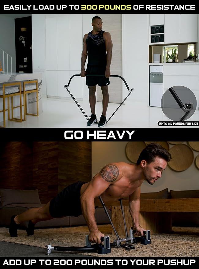 EVO Bow - All in One Portable Home Gym System | Compact Strength Training and Exercise Equipment for Travel with Notched Resistance Bands for Full Body Training and Weighted Pushups | 300lbs