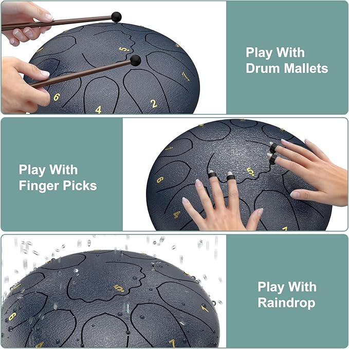 Rain Drum for Outside Garden, 8 Inches 11 Notes Steel Tongue Drum, Waterproof Meditation Rain Chime, Musical Instruments for Adult Gift with Bag, Music Book, Mallets (Navy Blue)