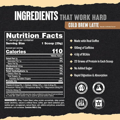 Animal 100% Whey Protein Powder Instant Iced Coffee – Real Coffee for Preworkout, Post Workout Whey Blend + 20g of Protein Shake, 120mg of Caffeine Meal Replacement with BCAA – Cold Brew Latte, 1 lb