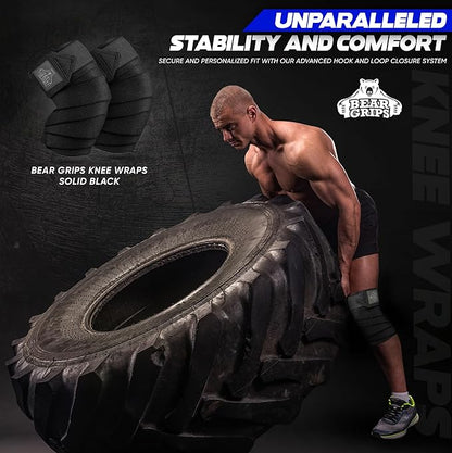 Bear Grips Knee Wraps - Heavy Duty Knee Brace Pair Compression and Elastic Support for Squats, Weightlifting, Powerlifting - Home Gym Workout Equipment Knee Support for Men and Women (Solid Black)