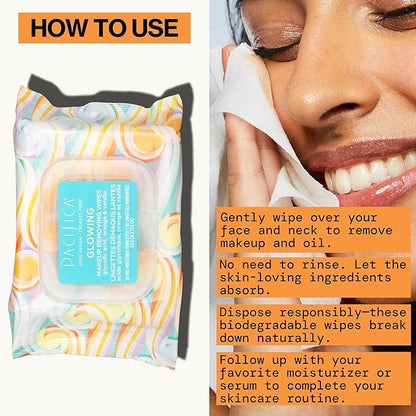 Pacifica Makeup Remover Face Wipes - Daily Facial Cleansing & Exfoliating Towelettes - Biodegradable - Organic - w/ Gycolic Acid - Clean Beauty Vegan & Cruelty-Free Dermatologist Tested 30 Count