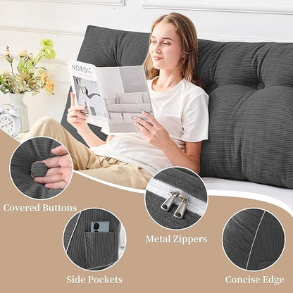 Sasttie Headboard Pillow King, Wedge Pillow Headboard for Sitting Up in Bed, Back-Rest Support Triangular Cushion for Reading - Features Removable Washable Cover, Dark Grey