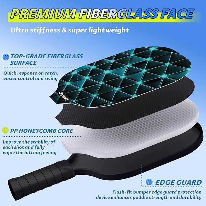 Pickleball Paddles Set of 2, Fiberglass Pickle Ball Rackets, Lightweight Paddle Set Includes 4 Outdoor Indoor Balls, 2 Grip Tapes & Carry Bag, Oversized Sweet Spot for Men, Women, Adult, Teenager