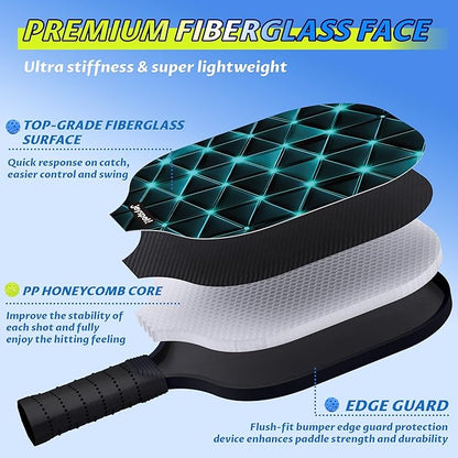 Pickleball Paddles Set of 2, Fiberglass Pickle Ball Rackets, Lightweight Paddle Set Includes 4 Outdoor Indoor Balls, 2 Grip Tapes & Carry Bag, Oversized Sweet Spot for Men, Women, Adult, Teenager