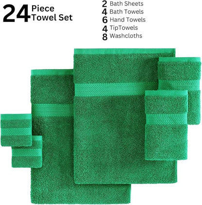 LANE LINEN 100% Mercerized Cotton Bathroom Towels Set - 24 Pc - Ringspun, Quick Dry, Soft & Absorbent - 2 Bath Sheets, 4 Bath Towels, 6 Hand Towels, 8 Washcloths, 4 Fingertip - Family Pack - Emerald