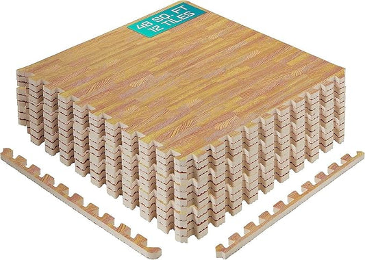 Yes4All 48SQ.FT Wood Grain Puzzle Exercise Mat Protective Flooring, EVA Interlocking Foam Floor Tiles with Border for Home