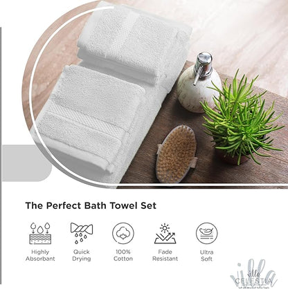 100% Cotton Bath Towel Set of 18-4 Bath Towels, 6 Hand Towels, 8 Wash Cloths, Sustainable, Soft, Highly Absorbent, Combed Cotton 18 Piece Set for Hotels, Spa, Bathroom, Dorm, White