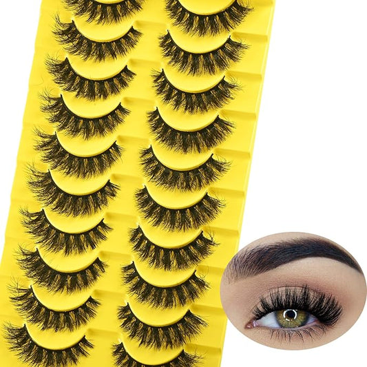 False Eyelashes Short Lashes Full Mink Lash Strips 10 Pairs Fluffy Cat Eye Strip Eyelash Wispy Volume Lashes Pack Fake Cateye EyeLash Natural Look