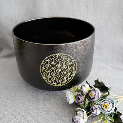 10 inch C Note Life of Flower Black Crystal Singing Bowl Root Chakra Meditation Sound Healing with Durable Carrying Case Suede Mallet Striker O-ring