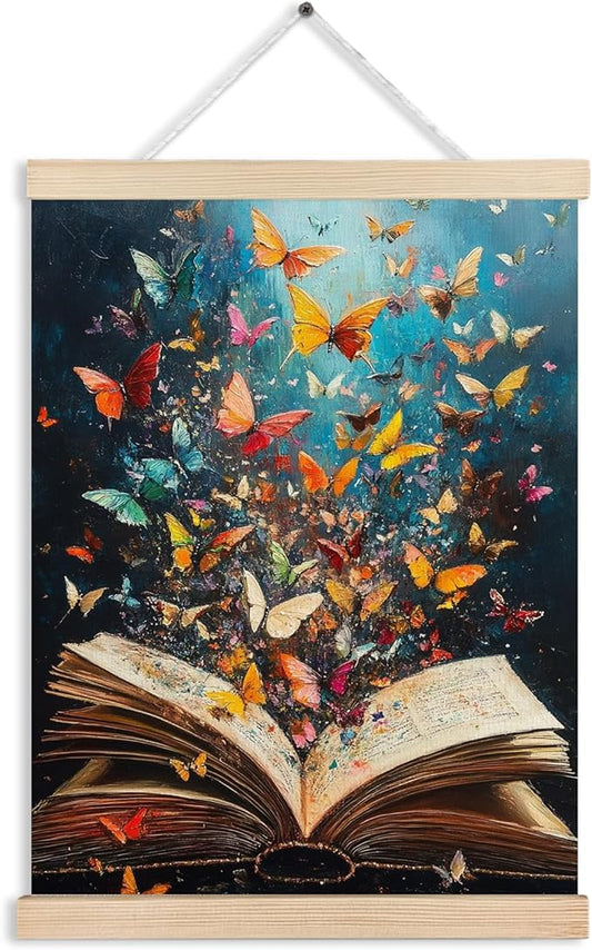 Colorful Butterfly Book Canvas Wall Art Poster, Reading Nook Corner Decor, Vintage Fantasy Bookish Wall Decor Prints for Library Reading Room Classroom Home, 12x16 Inches