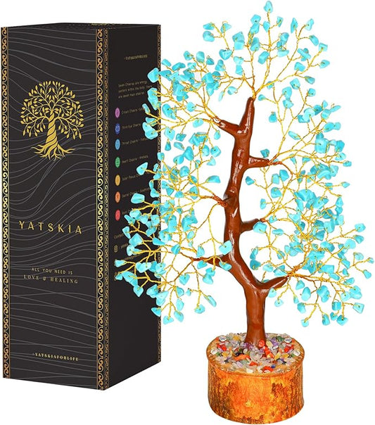 YATSKIA Turquoise Crystal Bonsai Tree Sculpture, Handmade 7 Chakra Healing Pendant Necklaces, Home Decor, Tabletop Display, 8x8x25cm, 1-2lbs