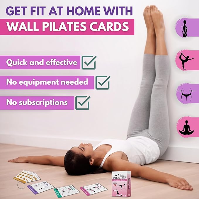Wall Pilates Workouts for Women – 66 Exercise Cards with Videos & Workout Plan – Includes 5-Week Challenge, E-book, Chart & 2 Rings for Easy Organization – Home Pilates Workout Guide