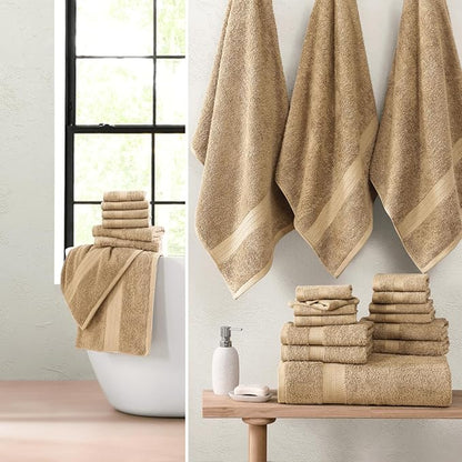 LANE LINEN 100% Cotton Towels Set for Bathroom - 24 Pc - Absorbent, Fast Drying, Machine Washable, Soft & Fluffy - 2 Bath Sheet, 4 Bath, 6 Hand Towel, 8 Washcloth, 4 Fingertip - Eco Friendly - Beige