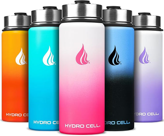 HYDRO CELL Stainless Steel Insulated Water Bottle with Straw - For Cold & Hot Drinks - Metal Vacuum Flask with Screw Cap and Modern Leakproof Sport Thermos for Adults (White/Pink 18oz)