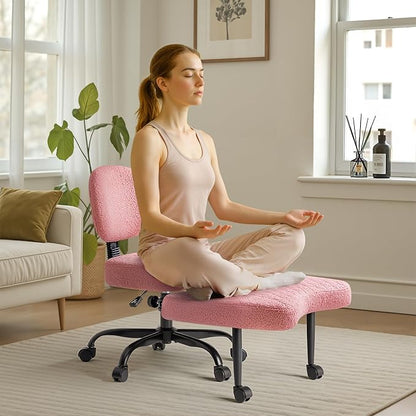 Furmax Ergonomic Criss Cross Legged Office Chair with Wheels, 360°Swivel Adjustable Height Kneeling Desk Chair with Footrest for ADHD, Yoga, Meditation, Home Office (Teddy Fabric, Pink)