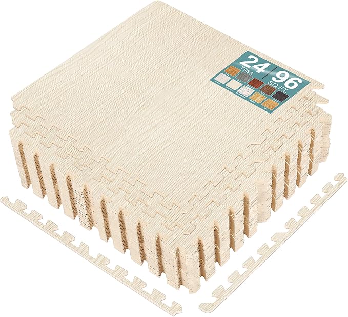 Sorbus Wood Grain Floor Tiles Foam Mat EVA Interlocking Mats Tile 3/8-Inch Thick Flooring Wood Puzzle Exercise Mats w/Borders - Home Playroom Basement, Apartment, Trade Show, Baby, Dance