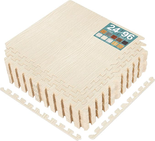 Sorbus Wood Grain Floor Tiles Foam Mat EVA Interlocking Mats Tile 3/8-Inch Thick Flooring Wood Puzzle Exercise Mats w/Borders - Home Playroom Basement, Apartment, Trade Show, Baby, Dance