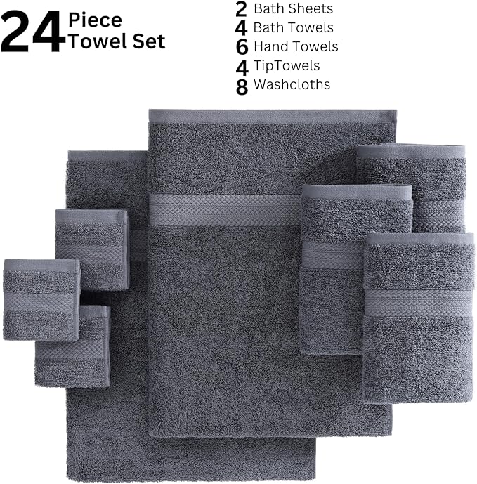 LANE LINEN Cotton Bathroom Towels Set - 24 Pcs - Ringspun, Quick Dry, Very Soft & Absorbent - 2 Bath Sheets, 4 Bath Towel, 6 Hand Towel, 8 Washcloths, 4 Fingertip - Pre Shrunk - Cool Grey