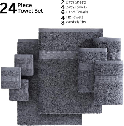 LANE LINEN Cotton Bathroom Towels Set - 24 Pcs - Ringspun, Quick Dry, Very Soft & Absorbent - 2 Bath Sheets, 4 Bath Towel, 6 Hand Towel, 8 Washcloths, 4 Fingertip - Pre Shrunk - Cool Grey