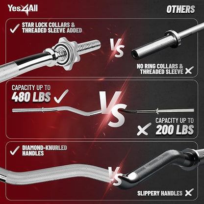 Yes4All 480LB Standard Straight Barbell 60" & EZ Curl Bar 47", Weight Bar 1" Diameter - Star Lock Collars & Rubber Ring for Deadlifts, Squats