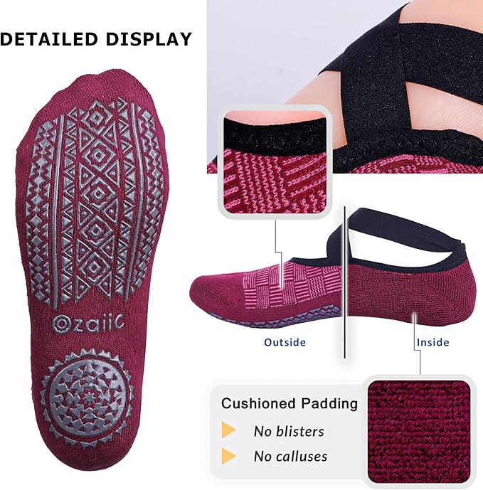 Ozaiic Yoga Socks for Women Non-Slip Grips & Straps, Ideal for Pilates, Pure Barre, Ballet, Dance, Barefoot Workout