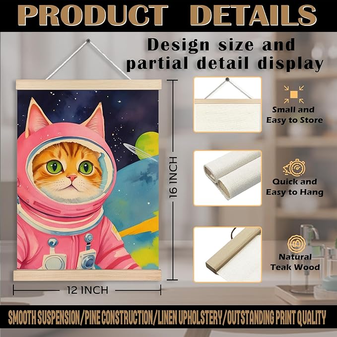 Pink Astronaut Cat Wall Art Poster Framed, Cat Poster for Girls Kids Room Nursery Decor, Whimsical Outer Space Cute Kitten Canvas Wall Art Prints, 12x16 Inches