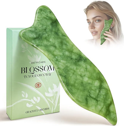 Rena Chris Natural Jade Gua Sha Facial Tools - Acupressure & Gua Sha for Face Massage, Jawline Sculpting, Puffiness Reduction, Guasha Skin Care Tool with Carry Pouch and Cleaning Cloth