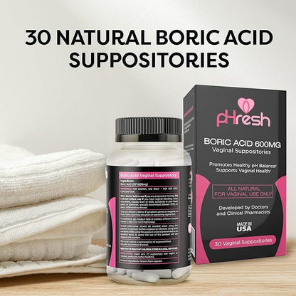 pHresh Boric Acid Suppositories for Women, Suppositories for Odor Use, Natural Feminine Care Supports Vaginal Health & Promotes Healthy pH Balance - Made in USA