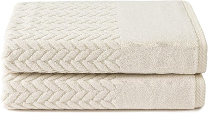 Texere 100% Organic Cotton Jacquard 650 GSM Premium Bath Towel Sets - Extra Absorbent Quick Dry and Plush (Cable, Birch, 2 Bath Towels)