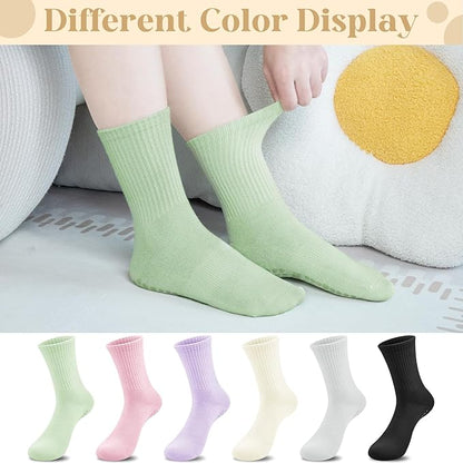 Justay 6 Pairs Pilates Socks with Grips for Women Soft Non Slip Crew Cotton Athletic Workout Barre Hospital Yoga Socks