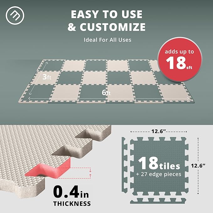 bemaxx Gym Mats Set - 18 pcs EVA Interlocking Foam Floor Tiles (12.6"x12.6"x0.4") 18sqft Protective Gym Flooring Sports Home Workout Exercise Mats Puzzle Garage Fitness Play-Room Garage Pool Treadmill