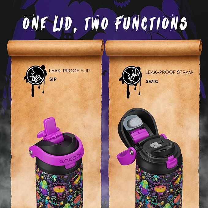 Halloween Gothic Water Bottle with Straw, Stainless Steel Insulated Water Bottle,Leak Proof, One-Touch Flip Lid, BPA Free, Holiday Gifts For Women Men, 24oz, Meowgic Night