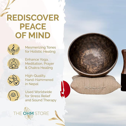 Large Tibetan Singing Bowl Set by Ohm Store — Saturn Pure Bronze Meditation Sound Bowl 9 Inches, 2 Mallets and a Cushion — Handcrafted Nepali Sound Bath Instrument (Saturn)