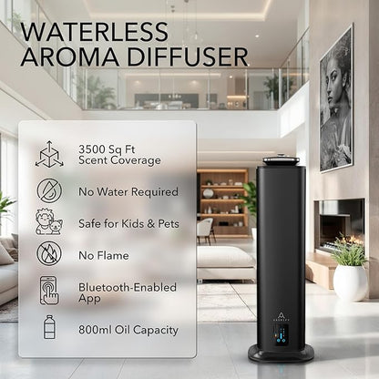 Tower Home Scent Diffuser, Covers 3500 Sq Ft, Essential Oil Diffuser for Home, Office & Spa, Waterless Aromatherapy Diffuser, Bluetooth, Quiet, Scheduled Timer, Black (Oil Sold Separately)
